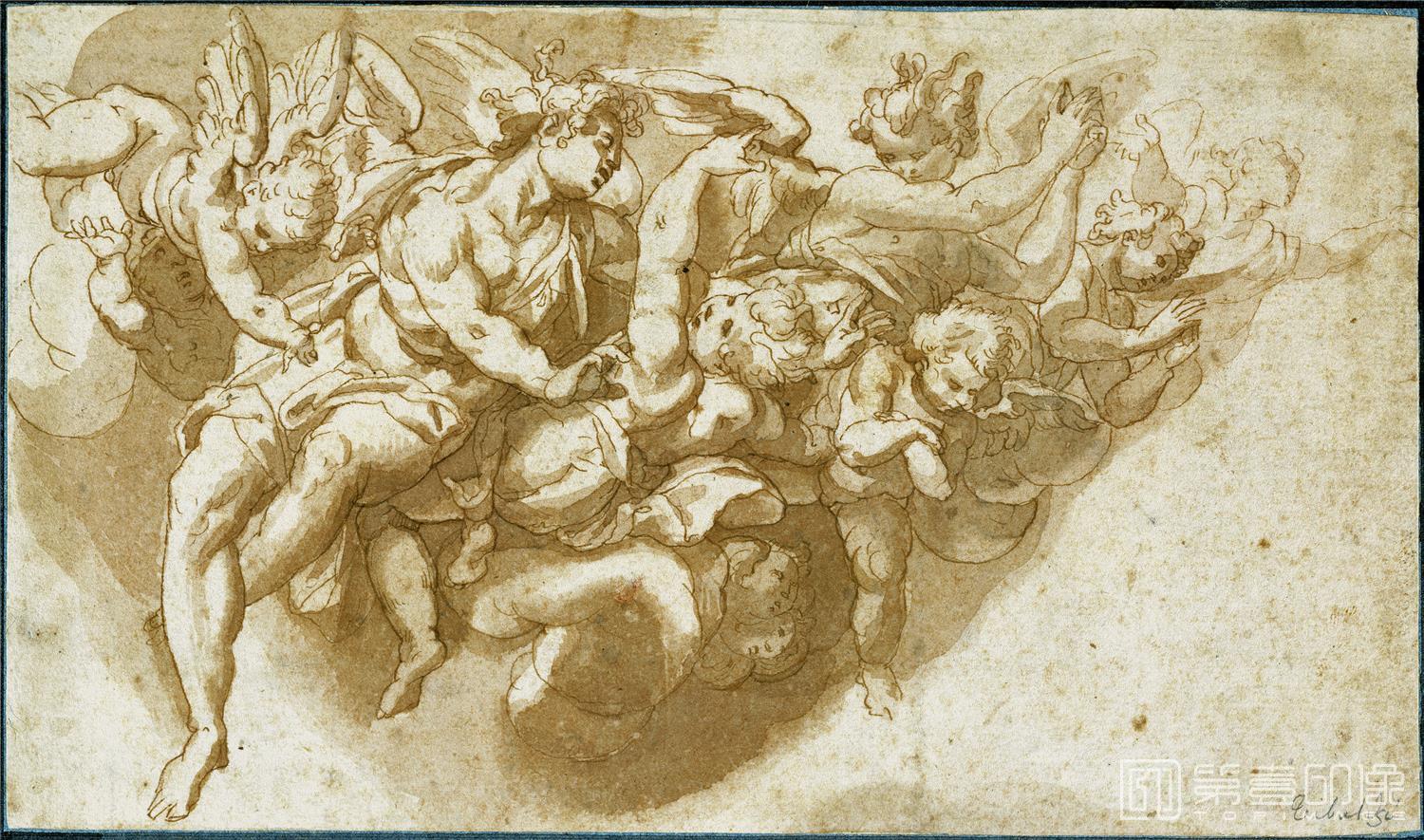 素描-西班牙普拉多美术馆素描藏画-Samacchini, Orazio-Angeles y putti entre nubes-1719